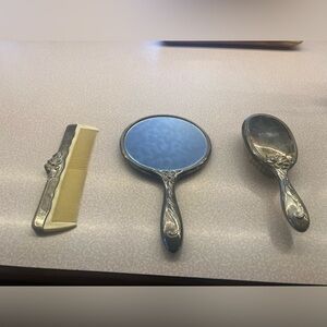 Vintage silver accessoriesElegant Silver Vanity Set with Mirror, Brush, and Comb